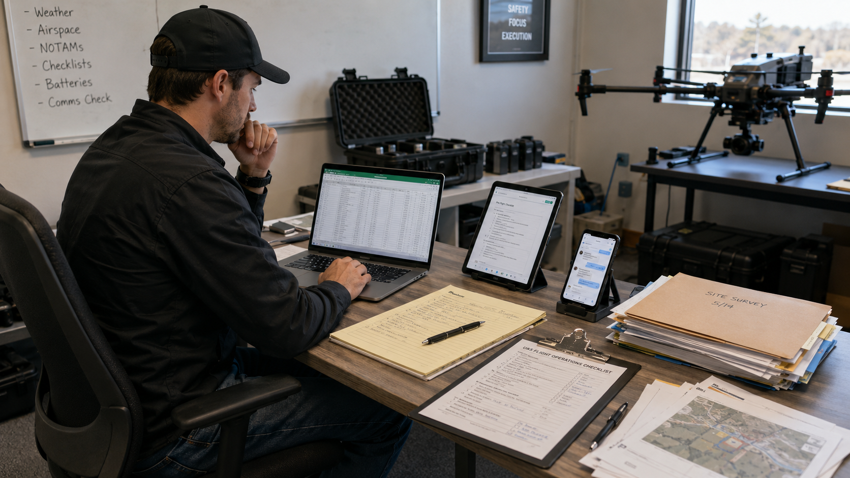 Operador UAS revisando la documentación de una operación con drones: portátil, tablet, checklist y carpetas sobre la mesa