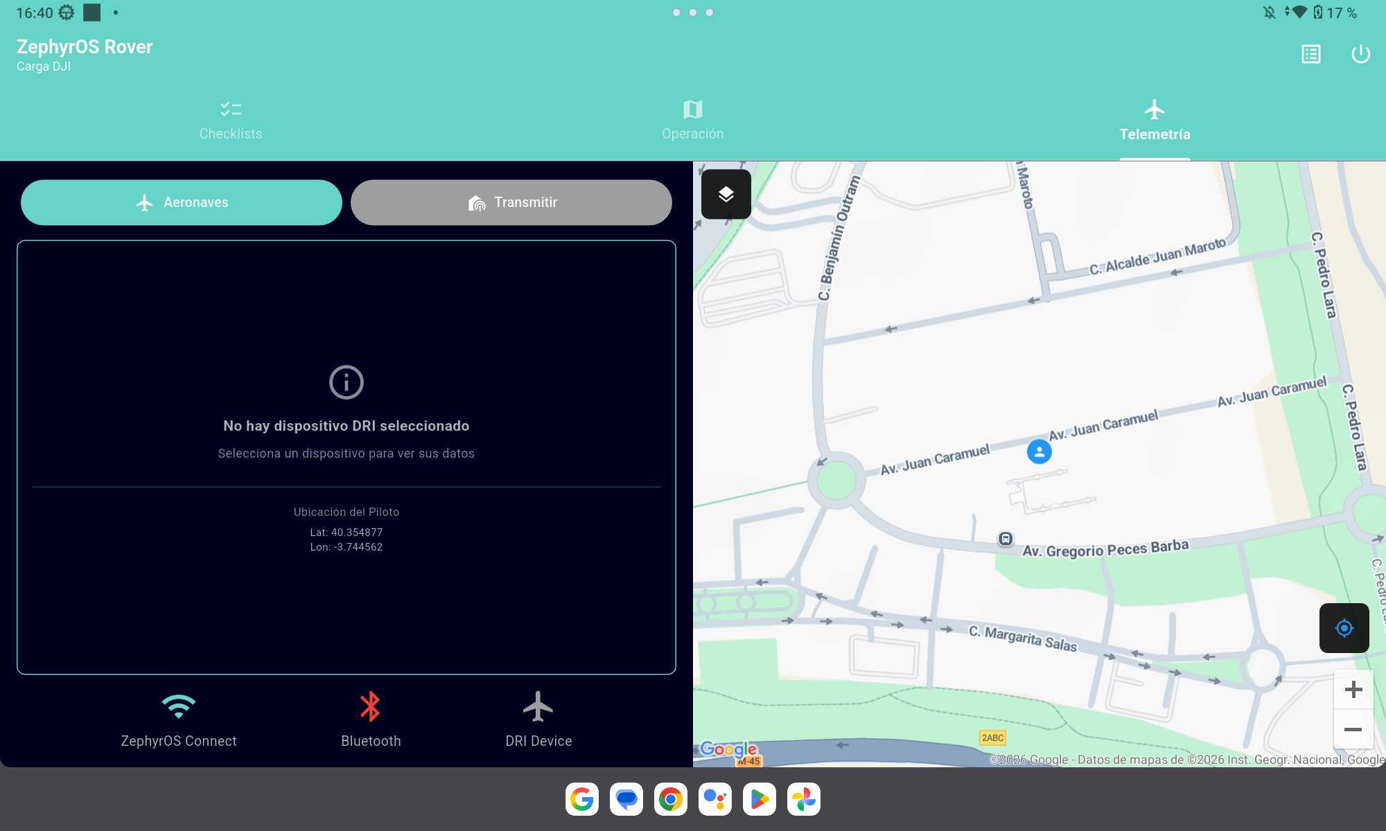 Panel de Remote ID y ubicación del piloto en ZephyrOS® Rover