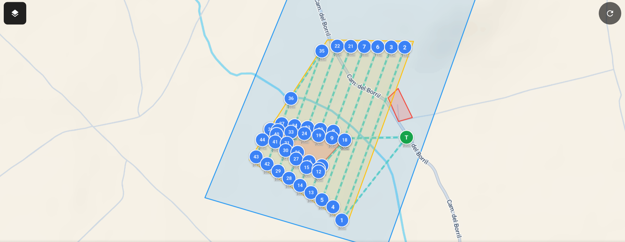 Mapa de un plan de vuelo real en ZephyrOS® Rover: waypoints, corredor de vuelo y zona restringida